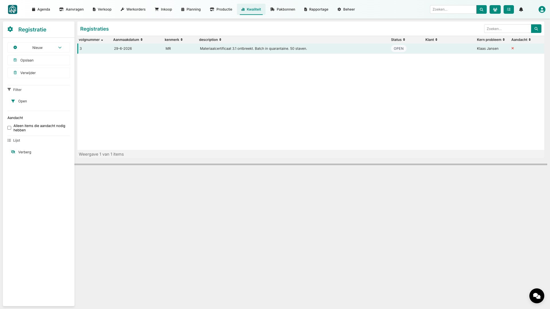 Nexus ERP - Kwaliteitsregistratie detail