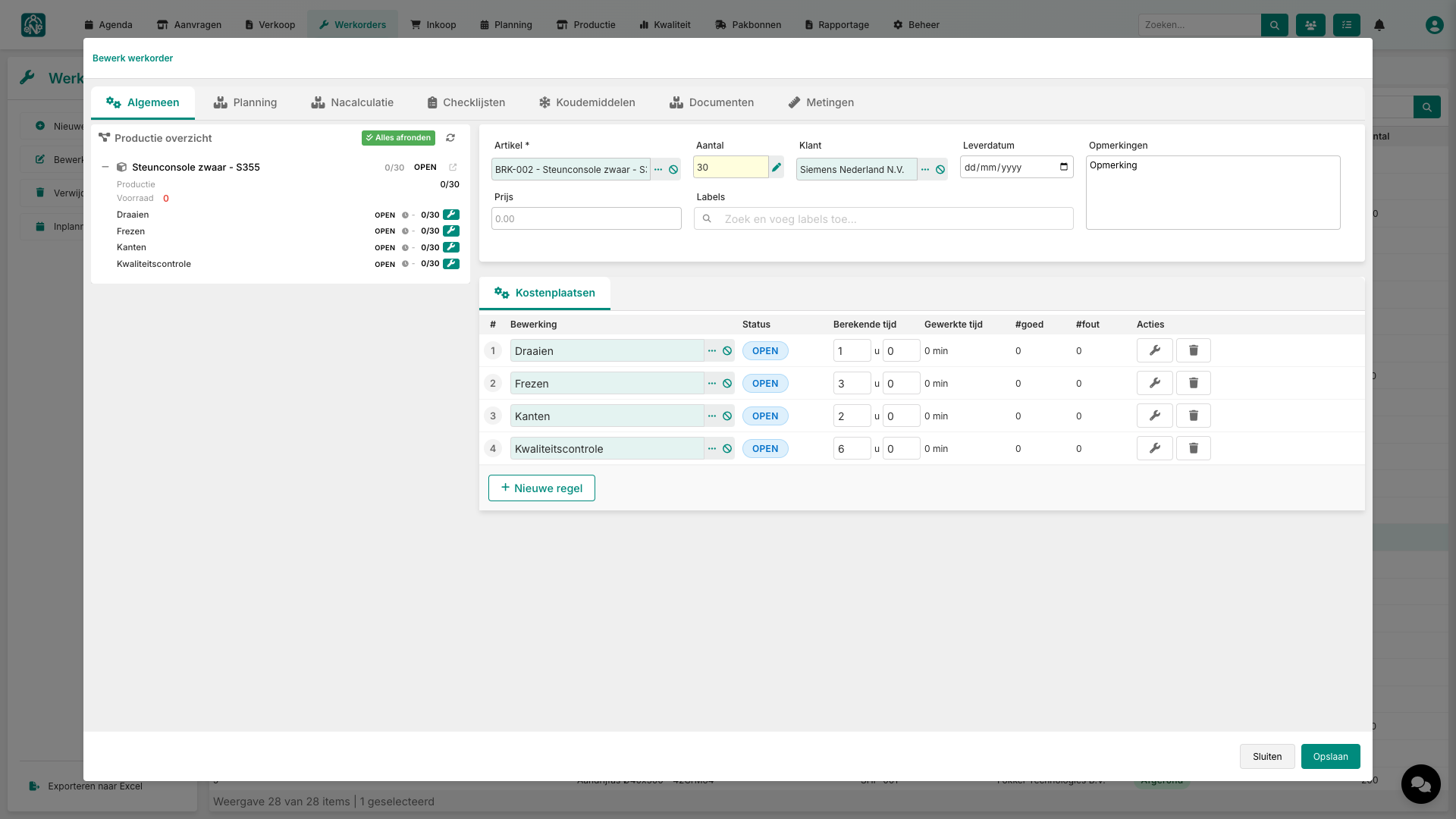 Nexus ERP - Werkorder detail met bewerkingen