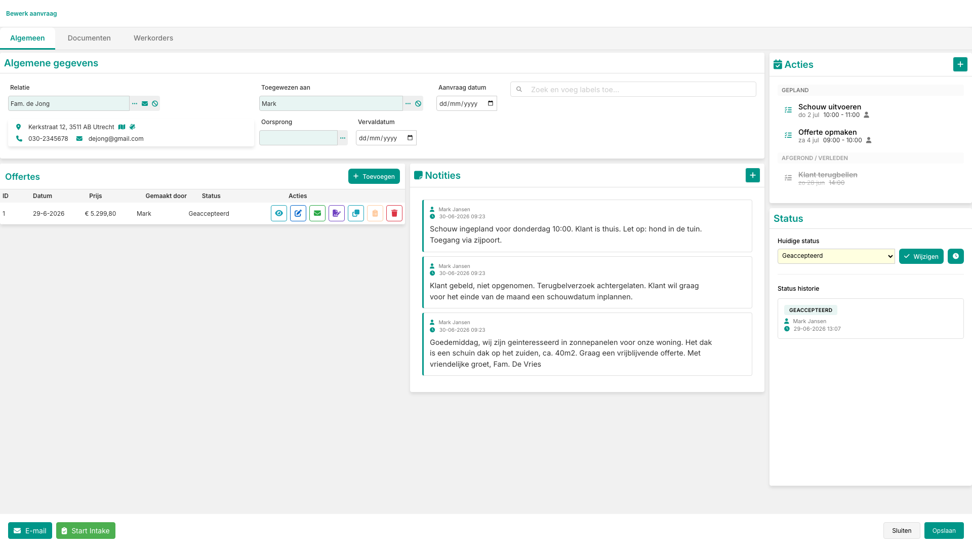 Nexus ERP - Lead detail met klantgegevens en offertes